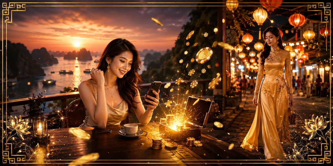Cảnh Vịnh Hạ Long về đêm với biểu tượng cá cược trực tuyến tại Việt Nam
